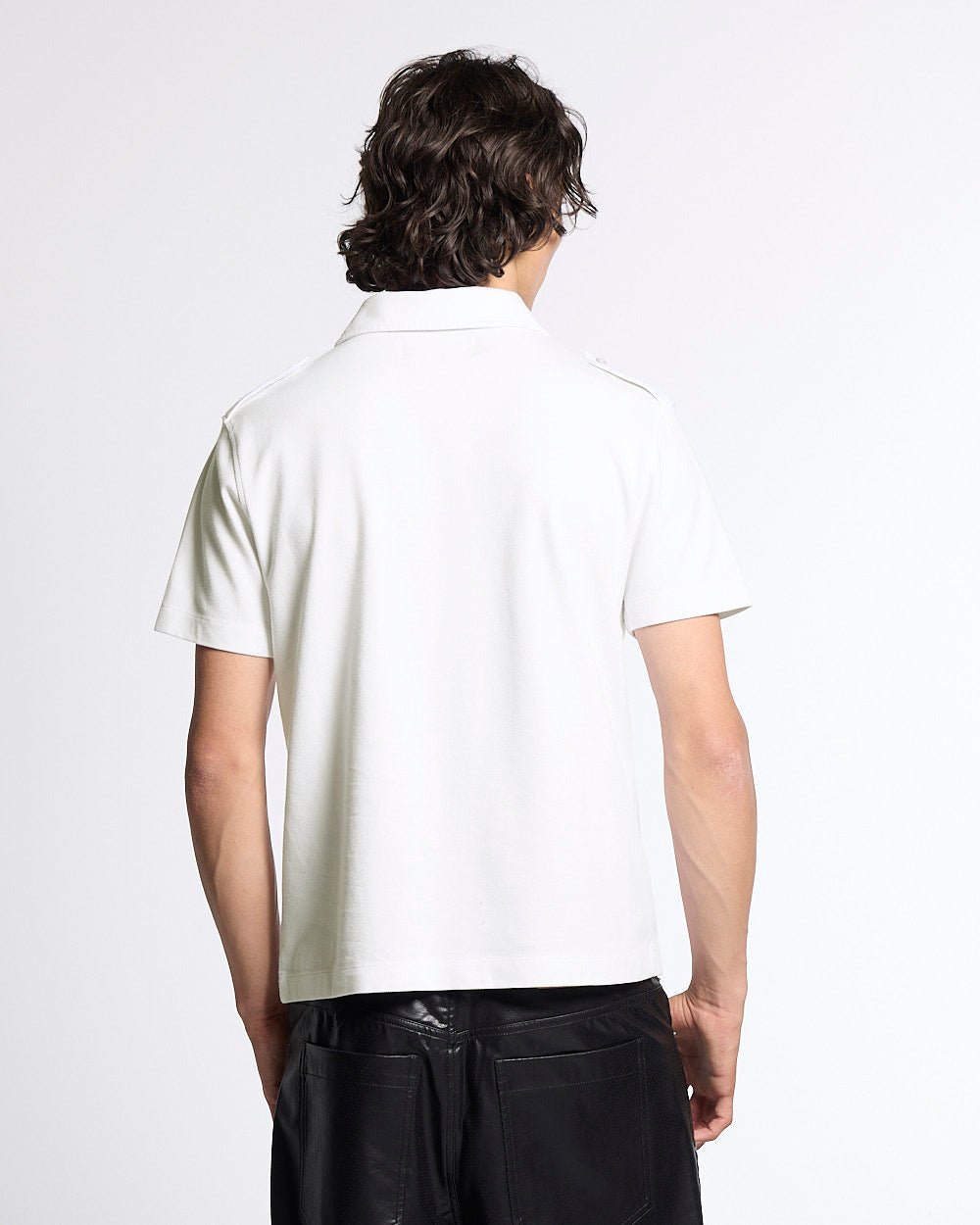 LOOPING POLO WHITE - white graphic print polo shirt, back view on male model - Cold Culture #man