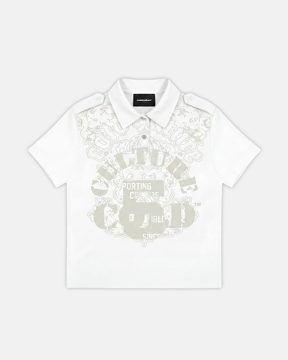 LOOPING POLO WHITE - white graphic print polo shirt, front view - Cold Culture #packshot