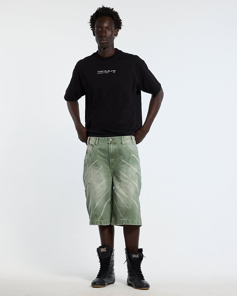 LOVEPODS TEE BLACK - black graphic print tee, front view on male model - Cold Culture #man