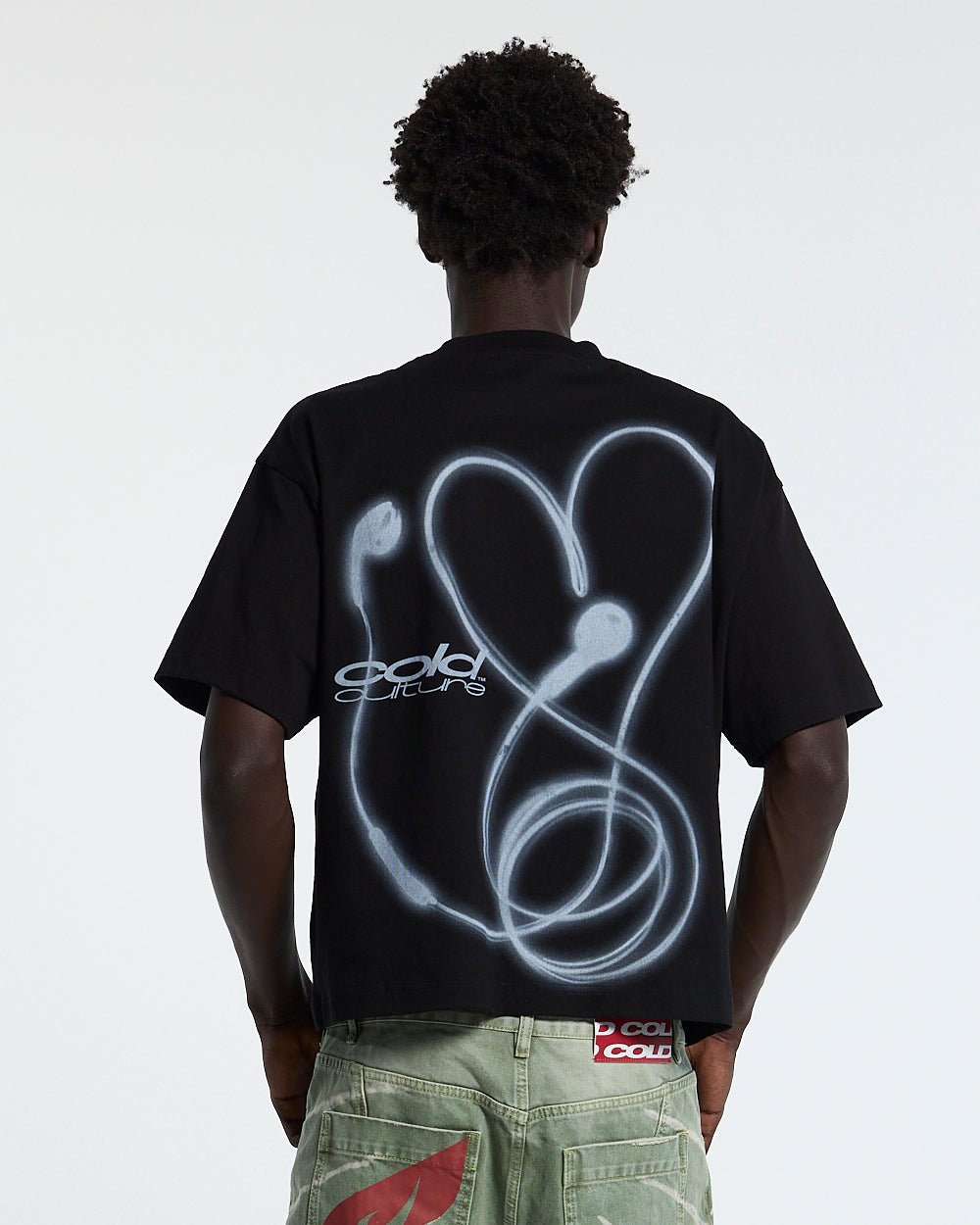 LOVEPODS TEE BLACK - black graphic print tee, back view on male model - Cold Culture #man