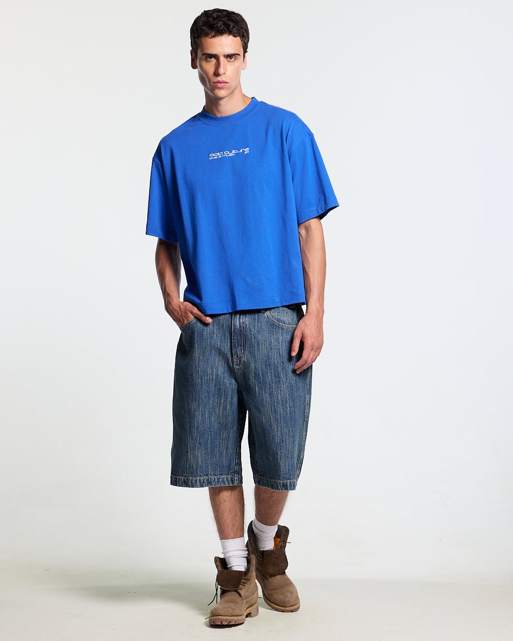 LOVEPODS TEE BLUE - blue graphic print tee, front view on male model - Cold Culture #man