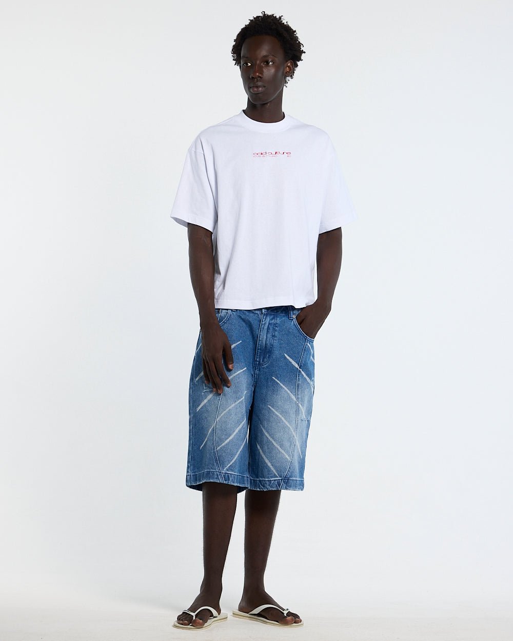LOVEPODS TEE WHITE - white graphic print tee, front view on male model - Cold Culture #man