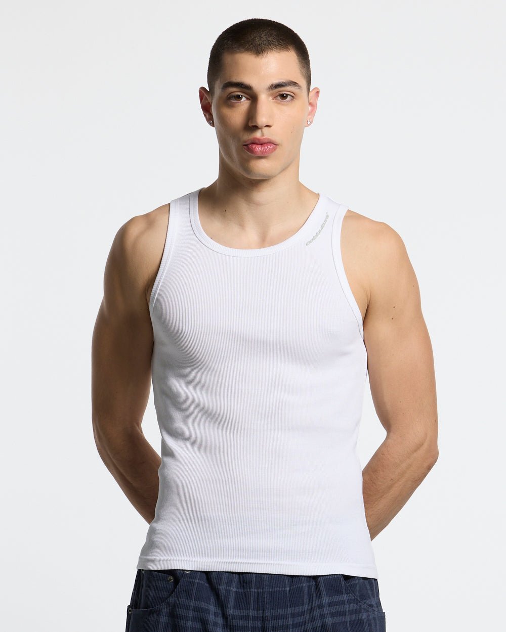 LOW KEY BASIC TANK TOP 2 PACK WHITE & BLACK - black and white ribbed tank tops, front view on male model - Cold Culture #man