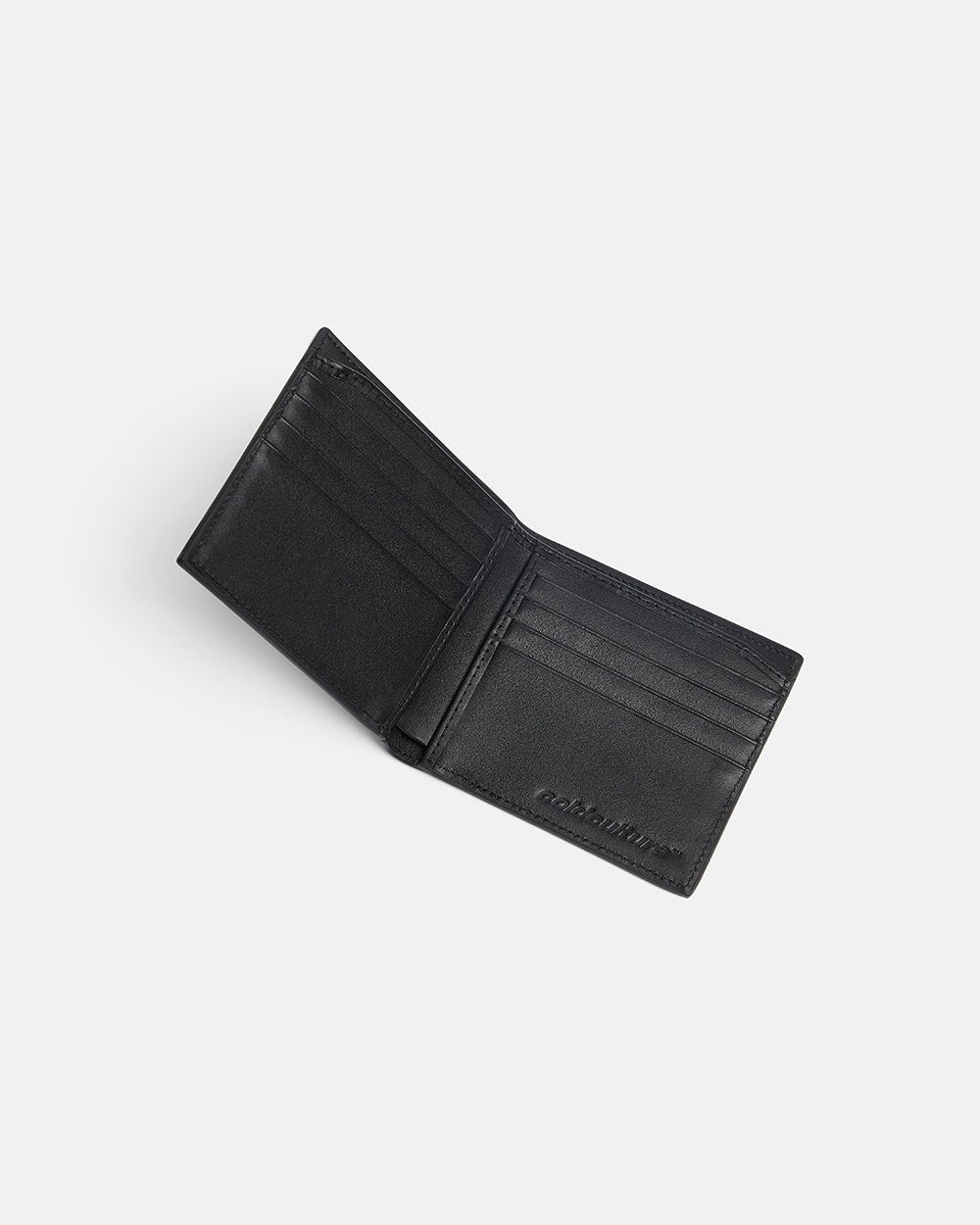 LOW KEY WALLET BLACK - black leather bifold wallet, detail close-up - Cold Culture