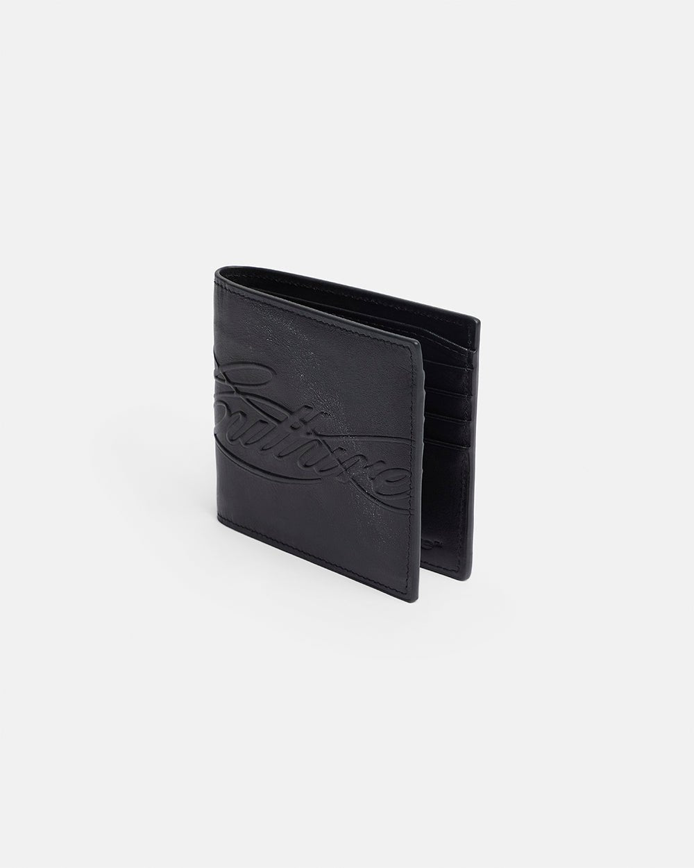 LOW KEY WALLET BLACK - black leather bifold wallet, side view - Cold Culture #packshot