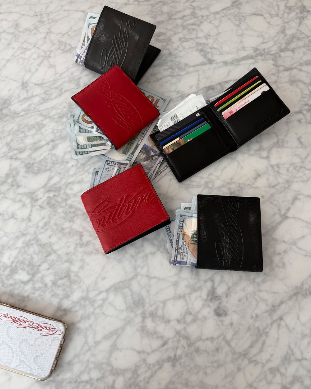 LOW KEY WALLET RED - red leather bifold wallet, flat lay with matching pieces - Cold Culture