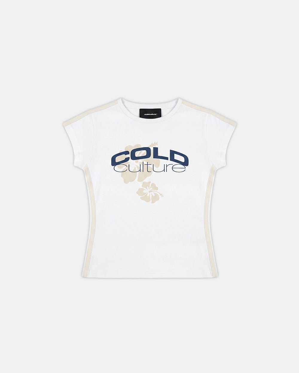 LUSH BABY TEE WHITE - white graphic print baby tee, flat lay - Cold Culture #packshot