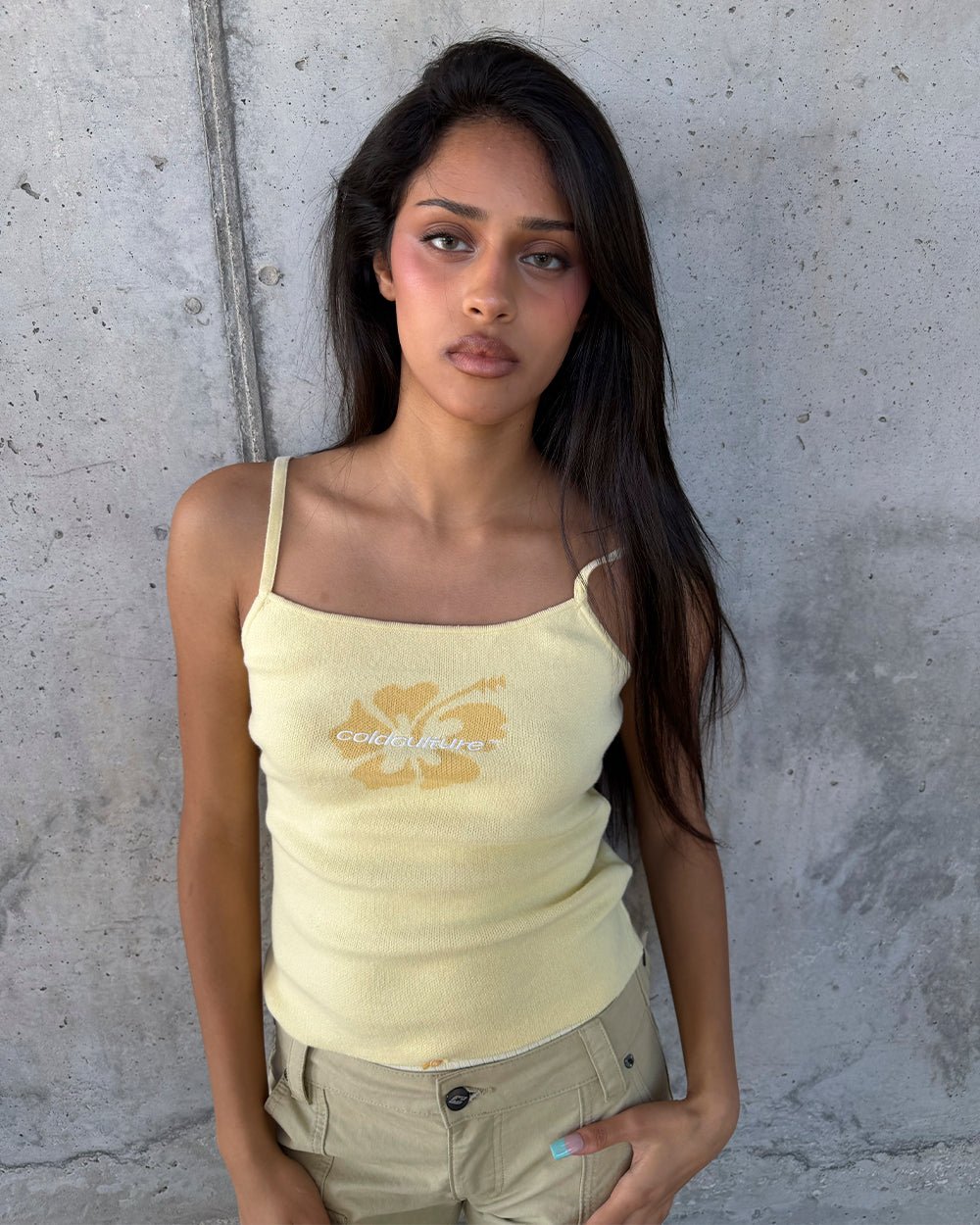 LUSH TOP BUTTER YELLOW - yellow hibiscus print cami top, street style shot - Cold Culture #woman
