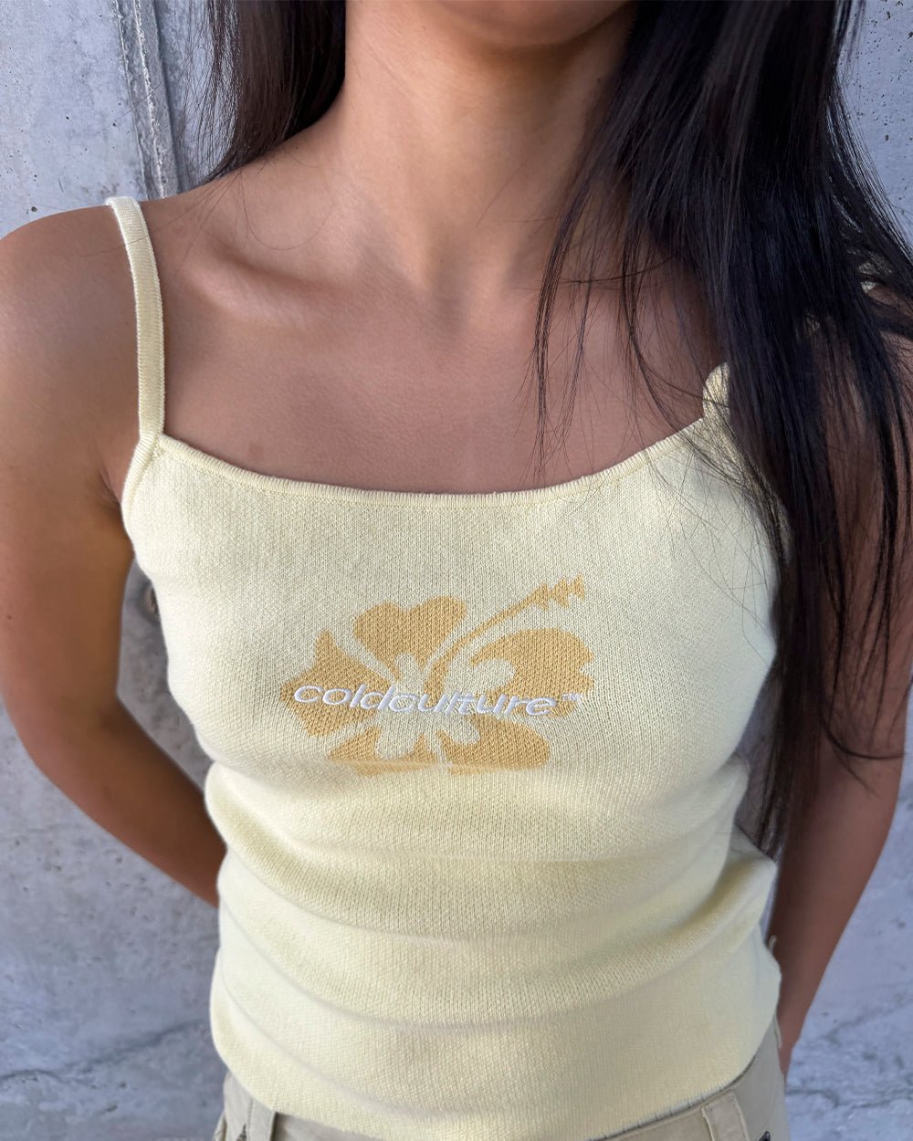 LUSH TOP BUTTER YELLOW - yellow hibiscus print cami top, on model close-up - Cold Culture