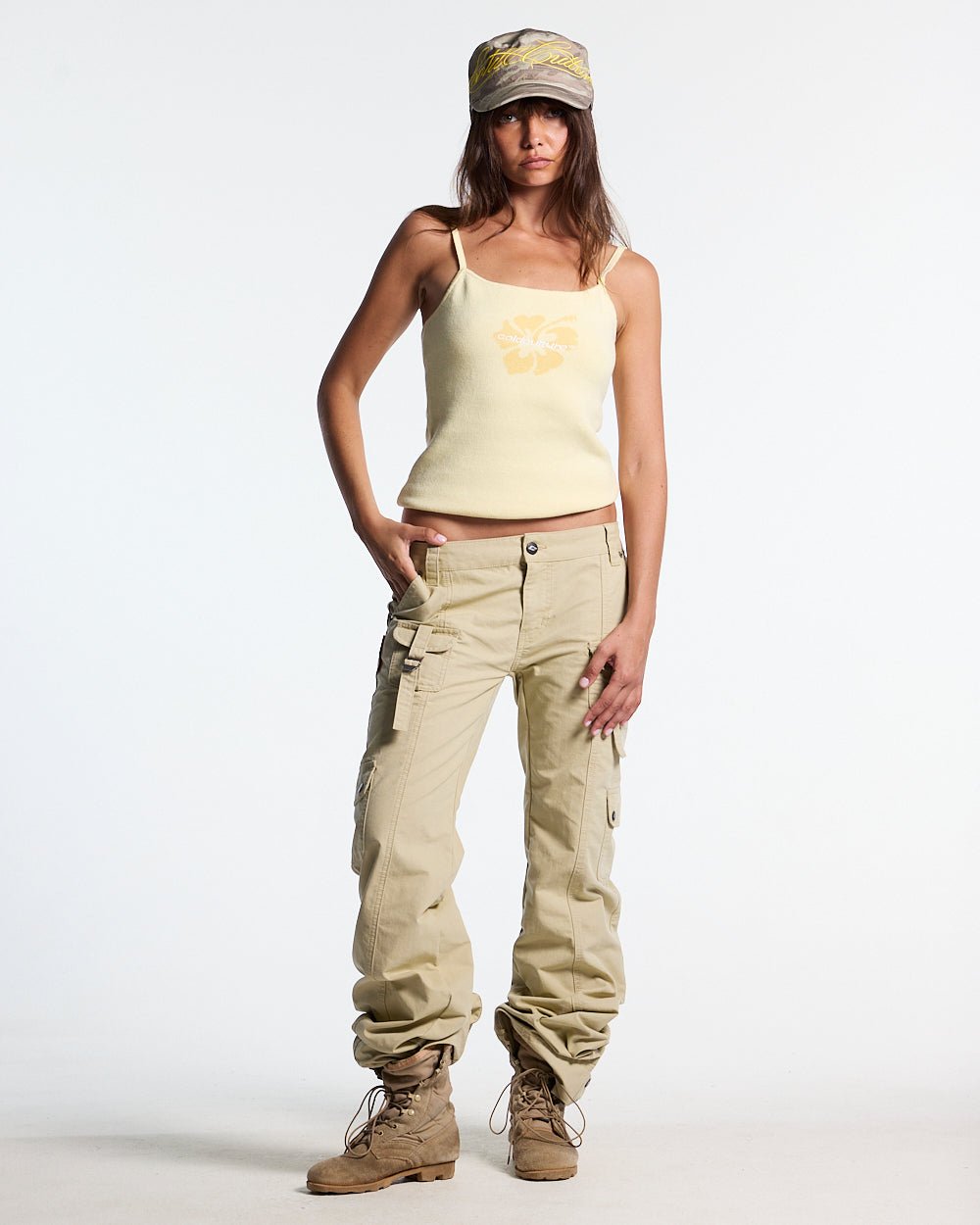 LUSH TOP BUTTER YELLOW - yellow hibiscus print cami top, front view on female model - Cold Culture #woman