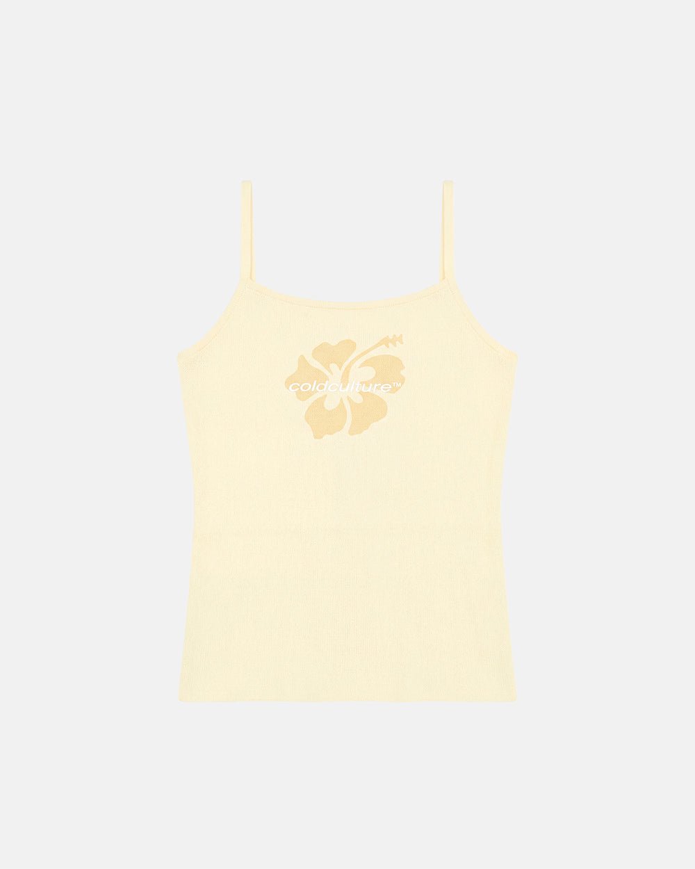 LUSH TOP BUTTER YELLOW - yellow hibiscus print cami top, front view - Cold Culture #packshot