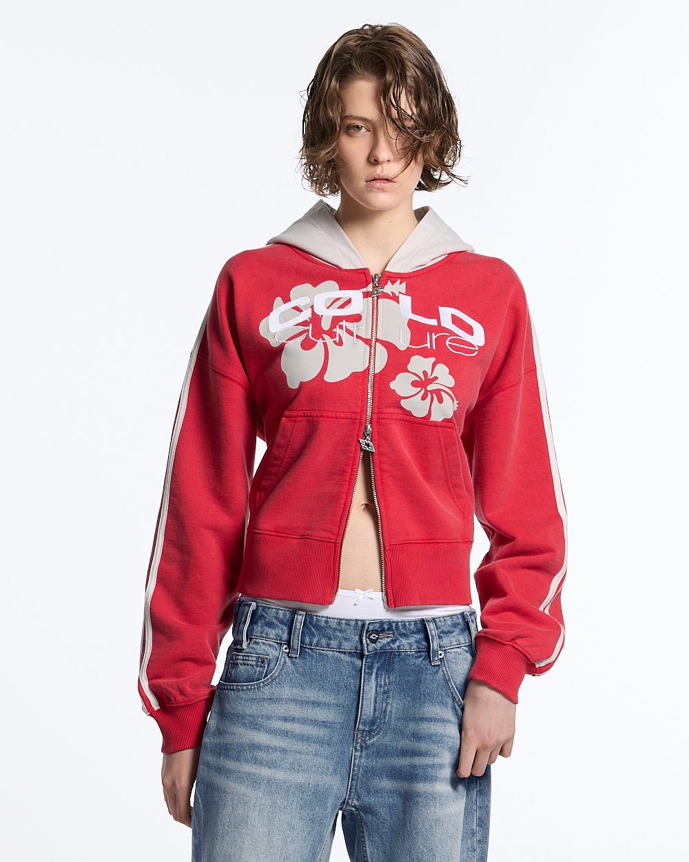 LUSH ZIP HOODIE RED - red cropped zip-up hoodie, front view on female model - Cold Culture #woman