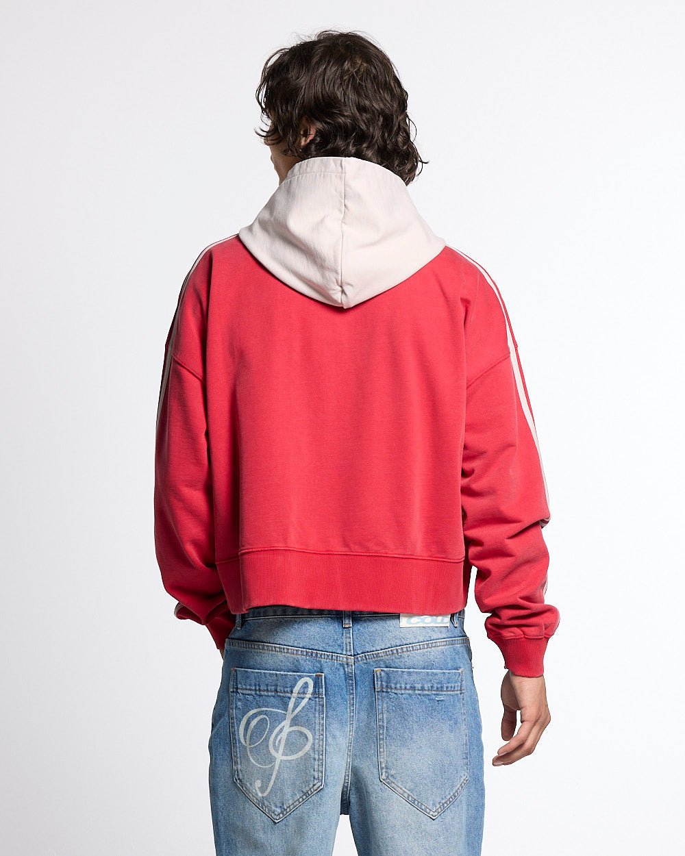 LUSH ZIP HOODIE RED - red cropped zip-up hoodie, back view on male model - Cold Culture #man