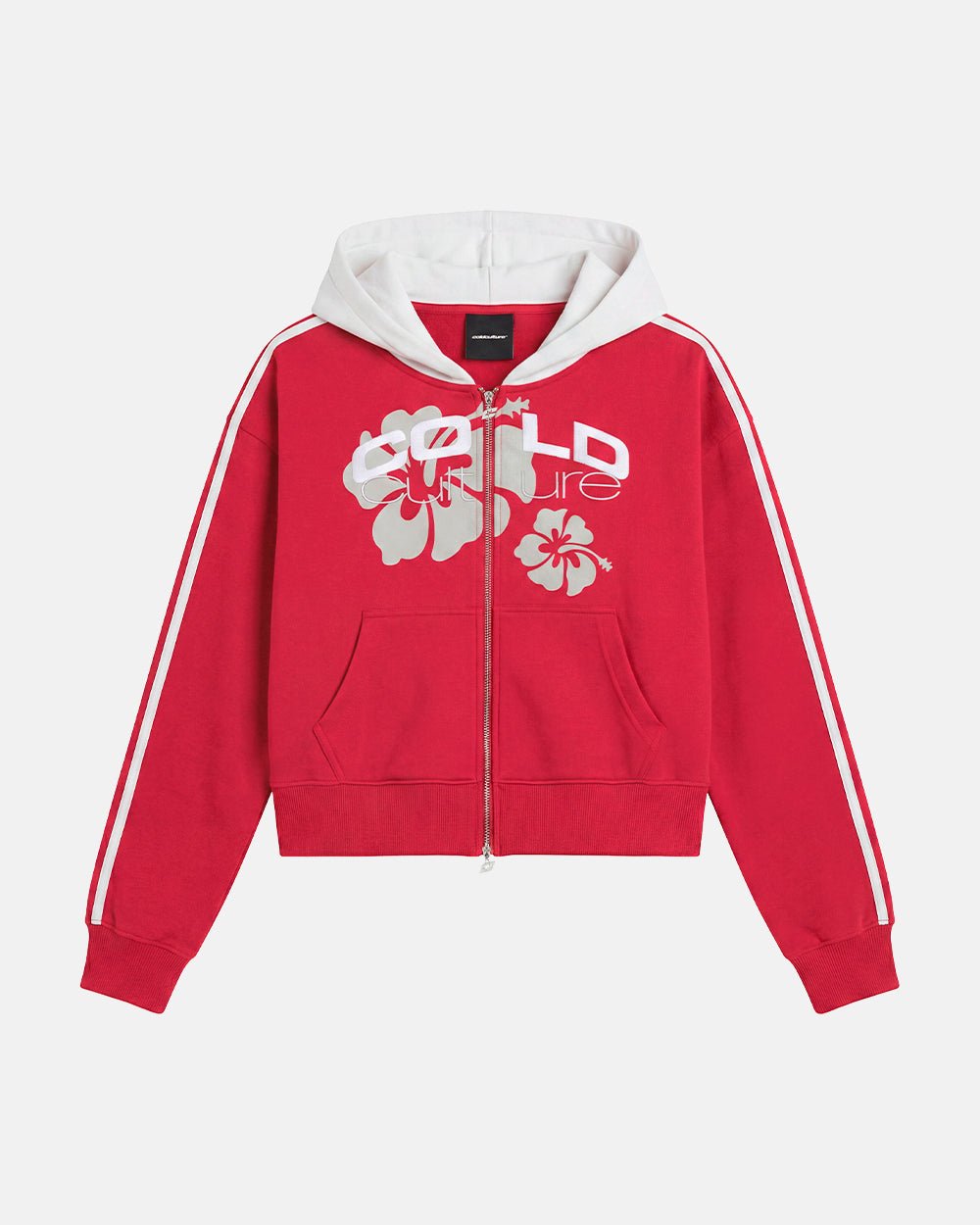 LUSH ZIP HOODIE RED - red cropped zip-up hoodie, front view - Cold Culture #packshot