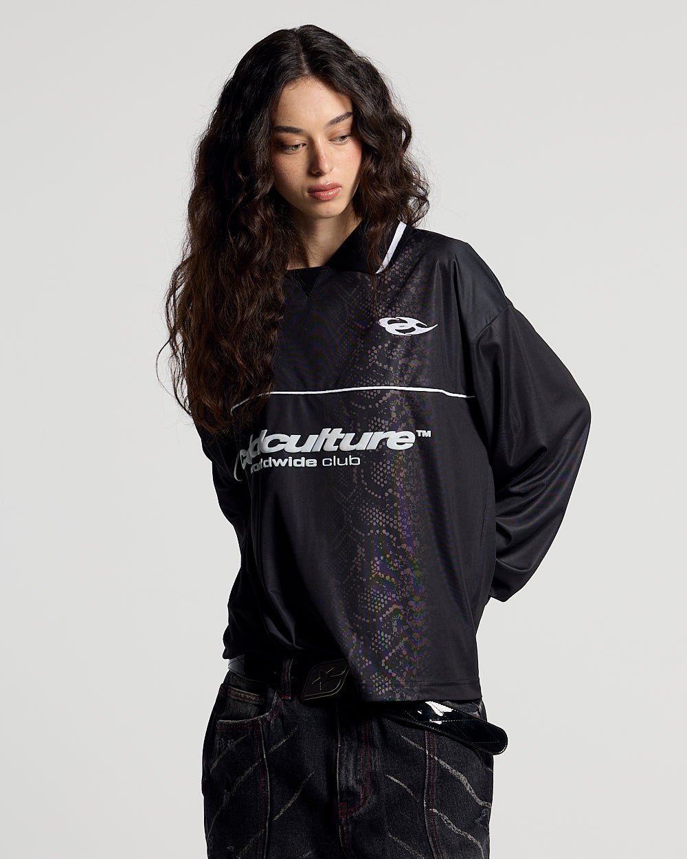 MAMBA SNAKE LONGSLEEVE POLO BLACK - black snake print longsleeve polo, front view on female model - Cold Culture #woman