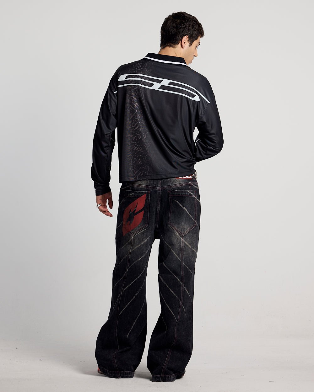 MAMBA SNAKE LONGSLEEVE POLO BLACK - black snake print longsleeve polo, back view on male model - Cold Culture #man