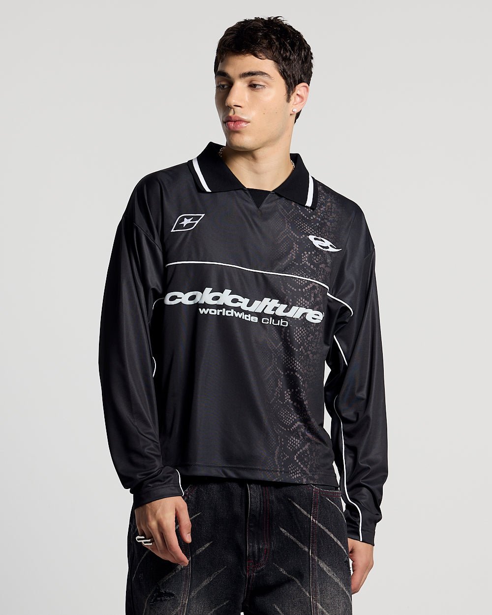 MAMBA SNAKE LONGSLEEVE POLO BLACK - black snake print longsleeve polo, front view on male model - Cold Culture #man