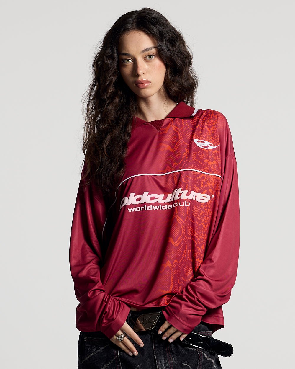 MAMBA SNAKE LONGSLEEVE POLO RED - red snake print longsleeve polo, front view on female model - Cold Culture #woman