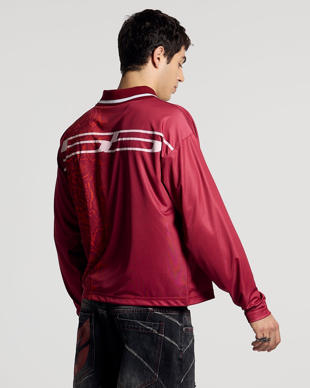 MAMBA SNAKE LONGSLEEVE POLO RED - red snake print longsleeve polo, back view on male model - Cold Culture #man