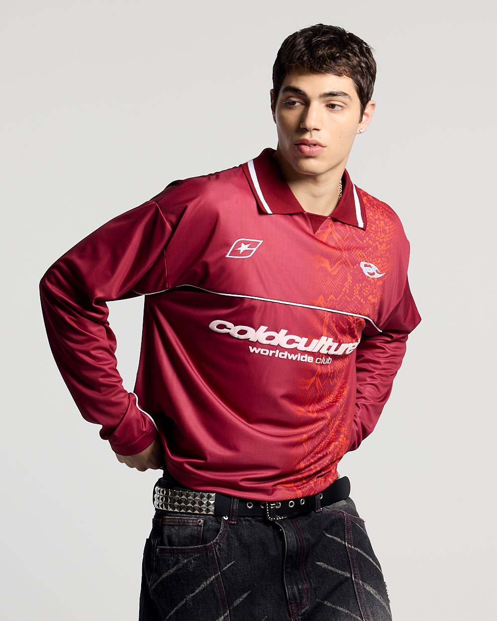 MAMBA SNAKE LONGSLEEVE POLO RED - red snake print longsleeve polo, front view on male model - Cold Culture #man
