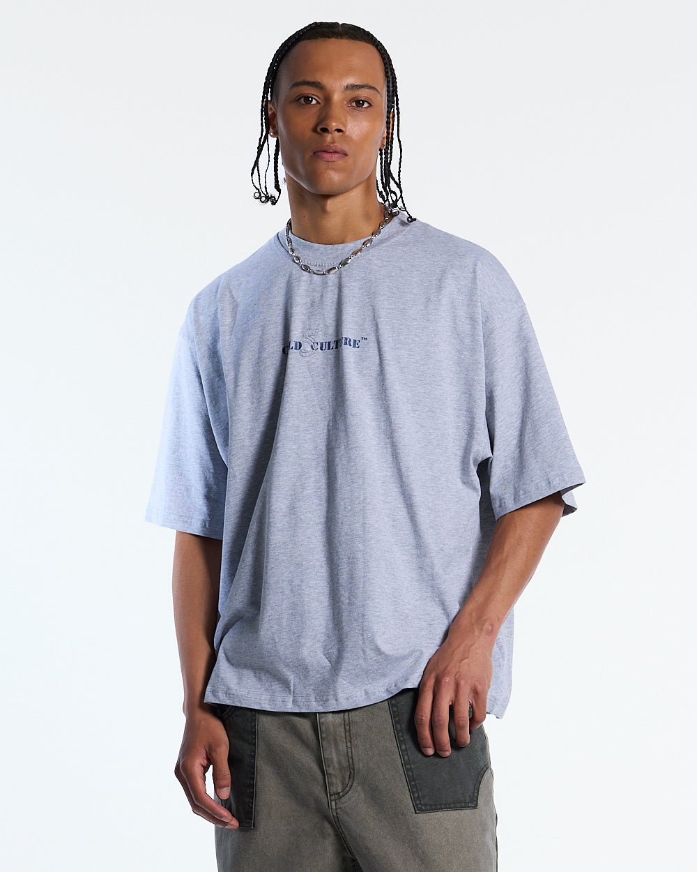 MARINE 55 TEE HEATHER GREY - heather grey oversized tee, front view on male model - Cold Culture #man