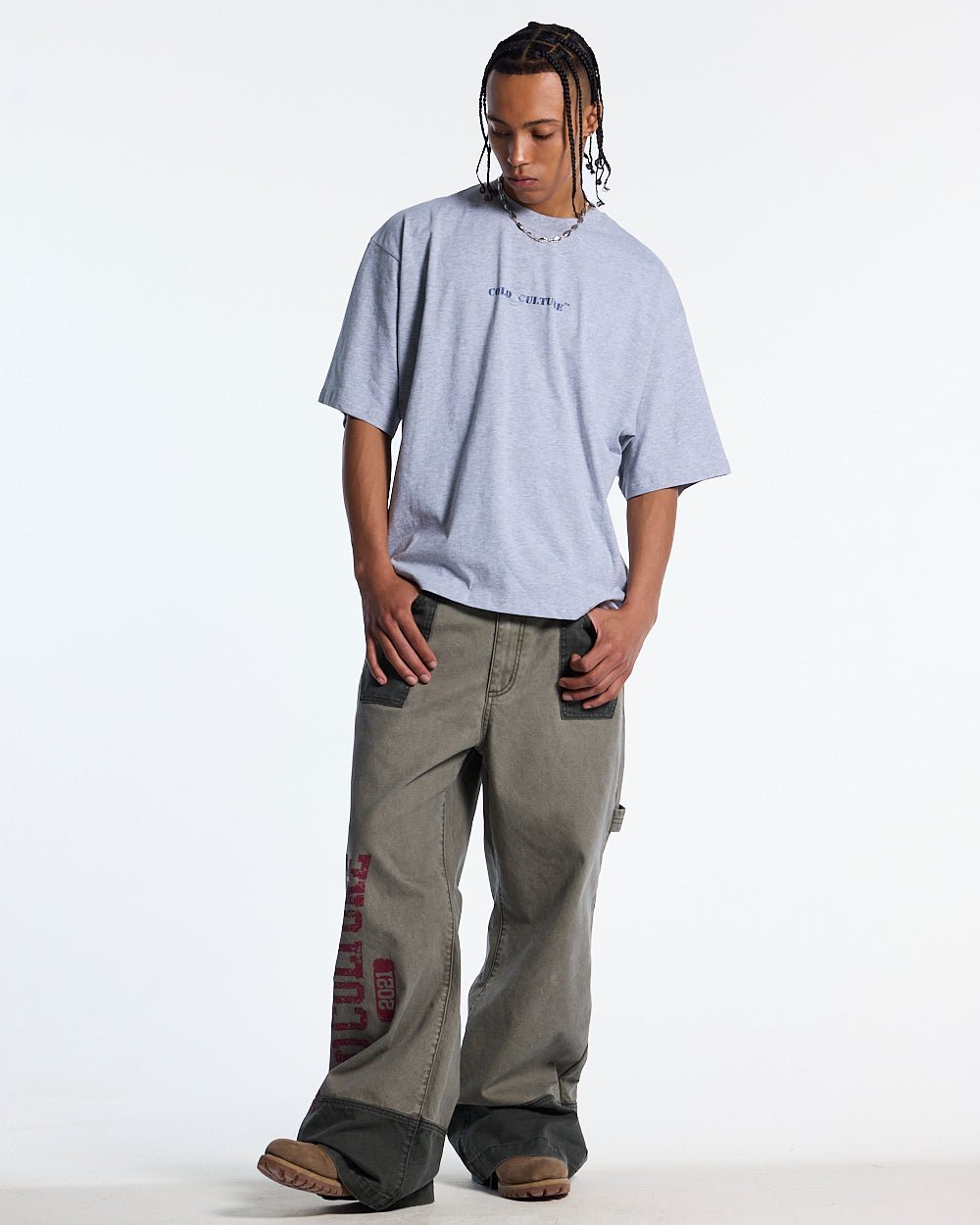 MARINE 55 TEE HEATHER GREY - heather grey oversized tee, front view on male model - Cold Culture #man