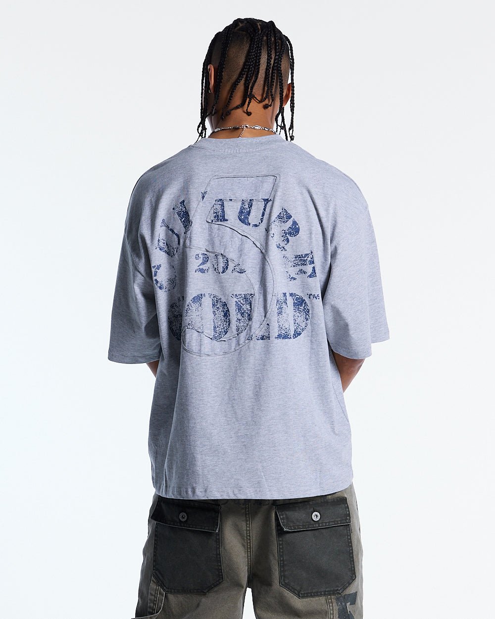 MARINE 55 TEE HEATHER GREY - heather grey oversized tee, back view on male model - Cold Culture #man