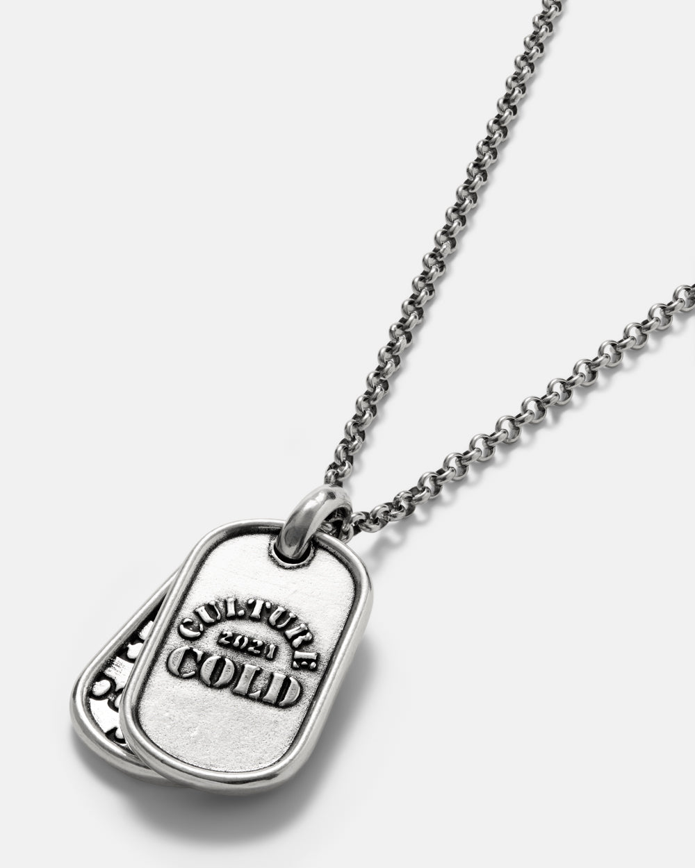 MARINE CHAINS PENDANT SILVER - silver dog tag pendant necklace, detail close-up - Cold Culture