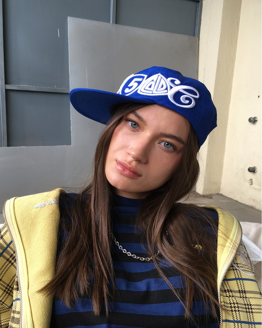 MEETING CAP DARK BLUE - royal blue embroidered cap, street style shot - Cold Culture #woman