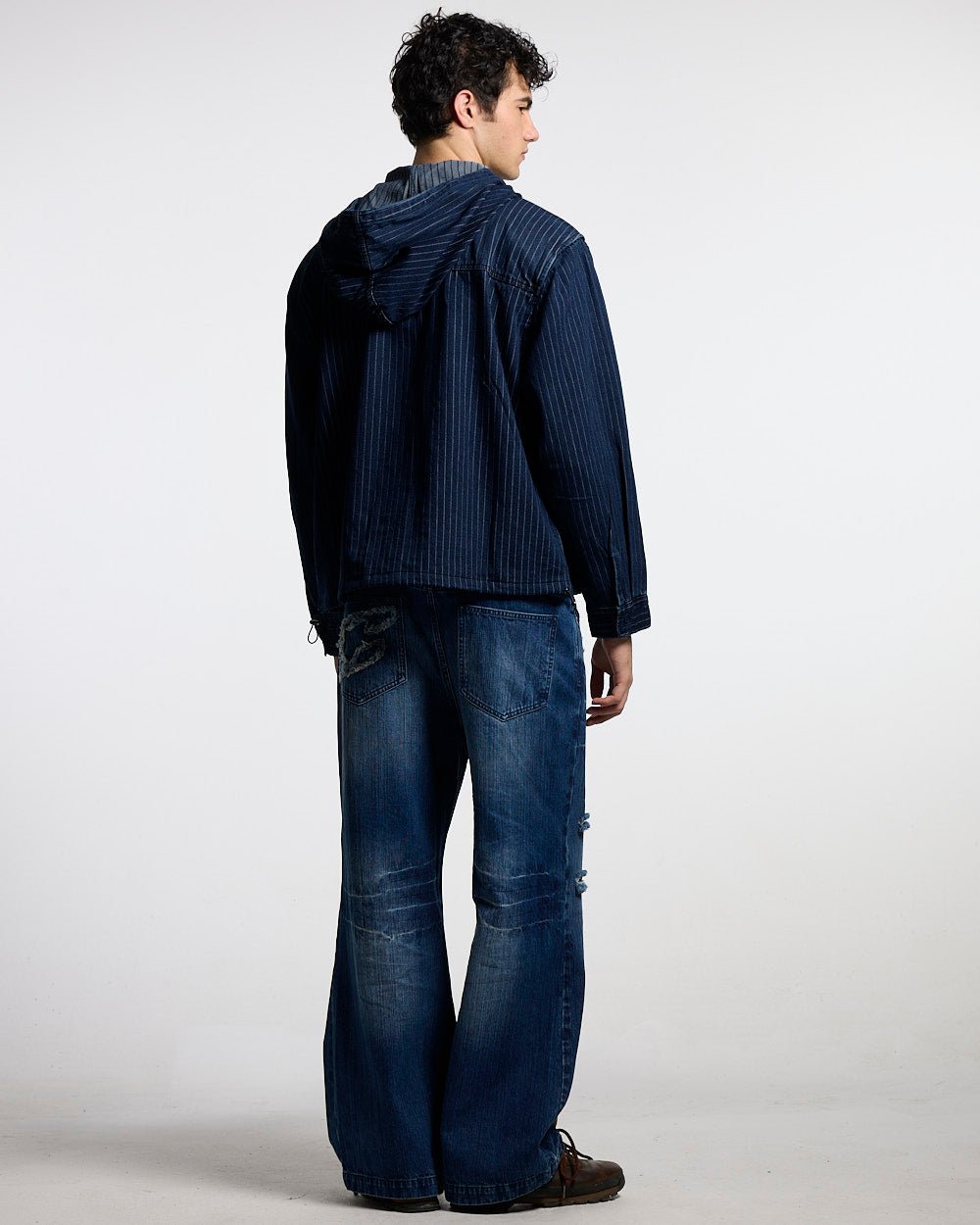 MEMPHIS HOODED SHIRT BLUE DENIM - blue denim hooded jacket, back view on male model - Cold Culture #man