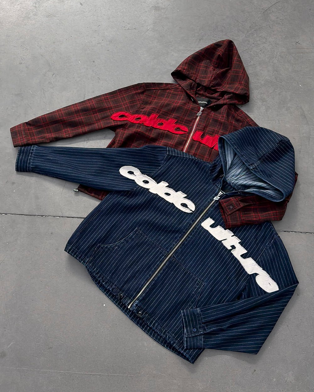 MEMPHIS HOODED SHIRT BLUE DENIM - blue denim hooded jacket, flat lay with matching pieces - Cold Culture
