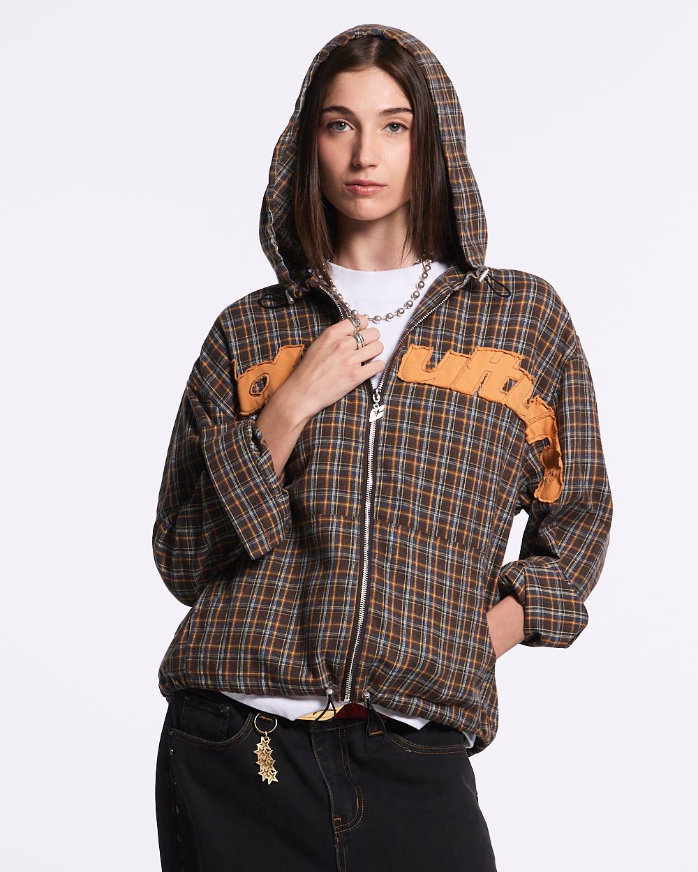 MEMPHIS HOODED SHIRT ORANGE AND BLUE - brown plaid hooded jacket, front view on female model - Cold Culture #woman