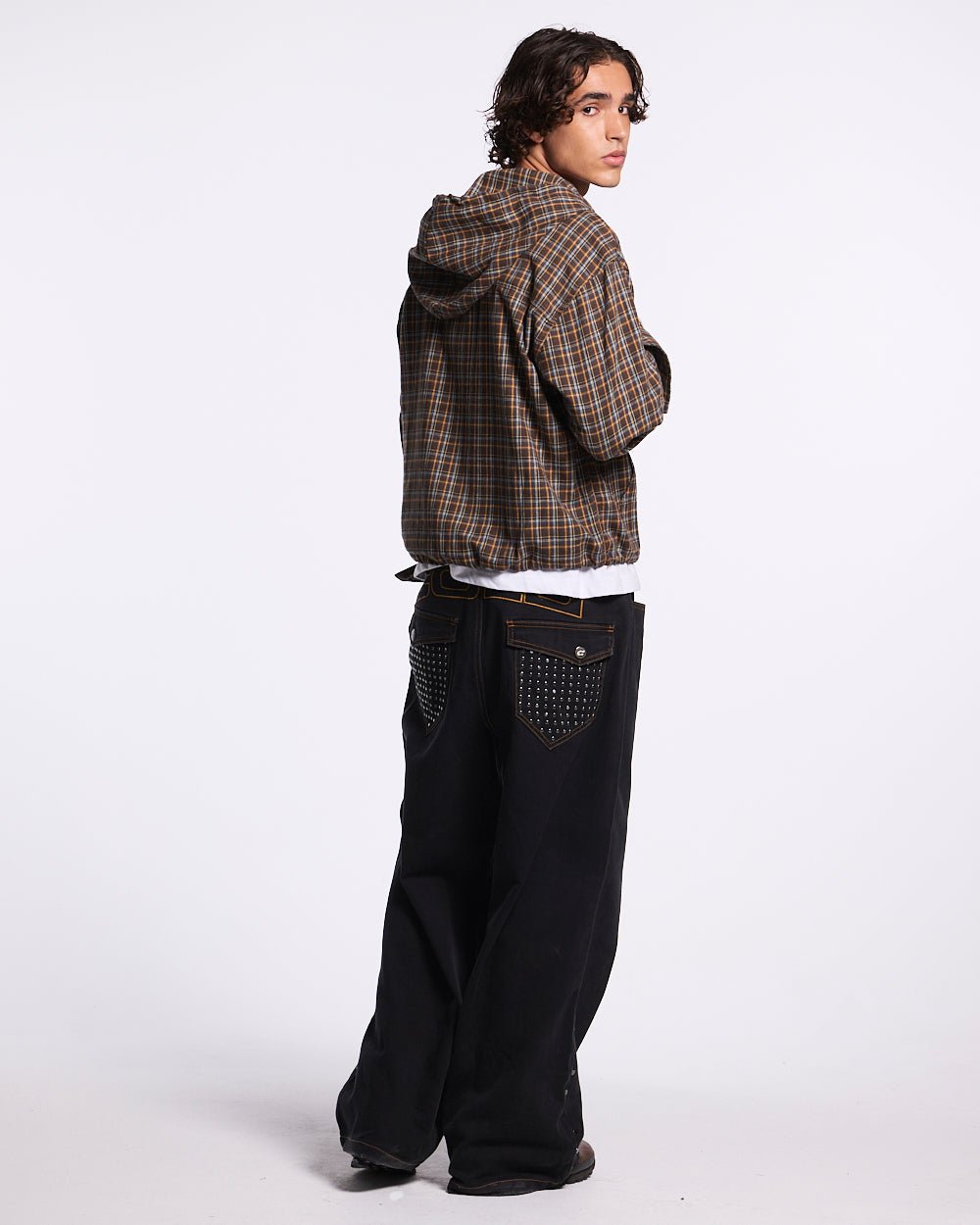 MEMPHIS HOODED SHIRT ORANGE AND BLUE - brown plaid hooded jacket, side view - Cold Culture #man