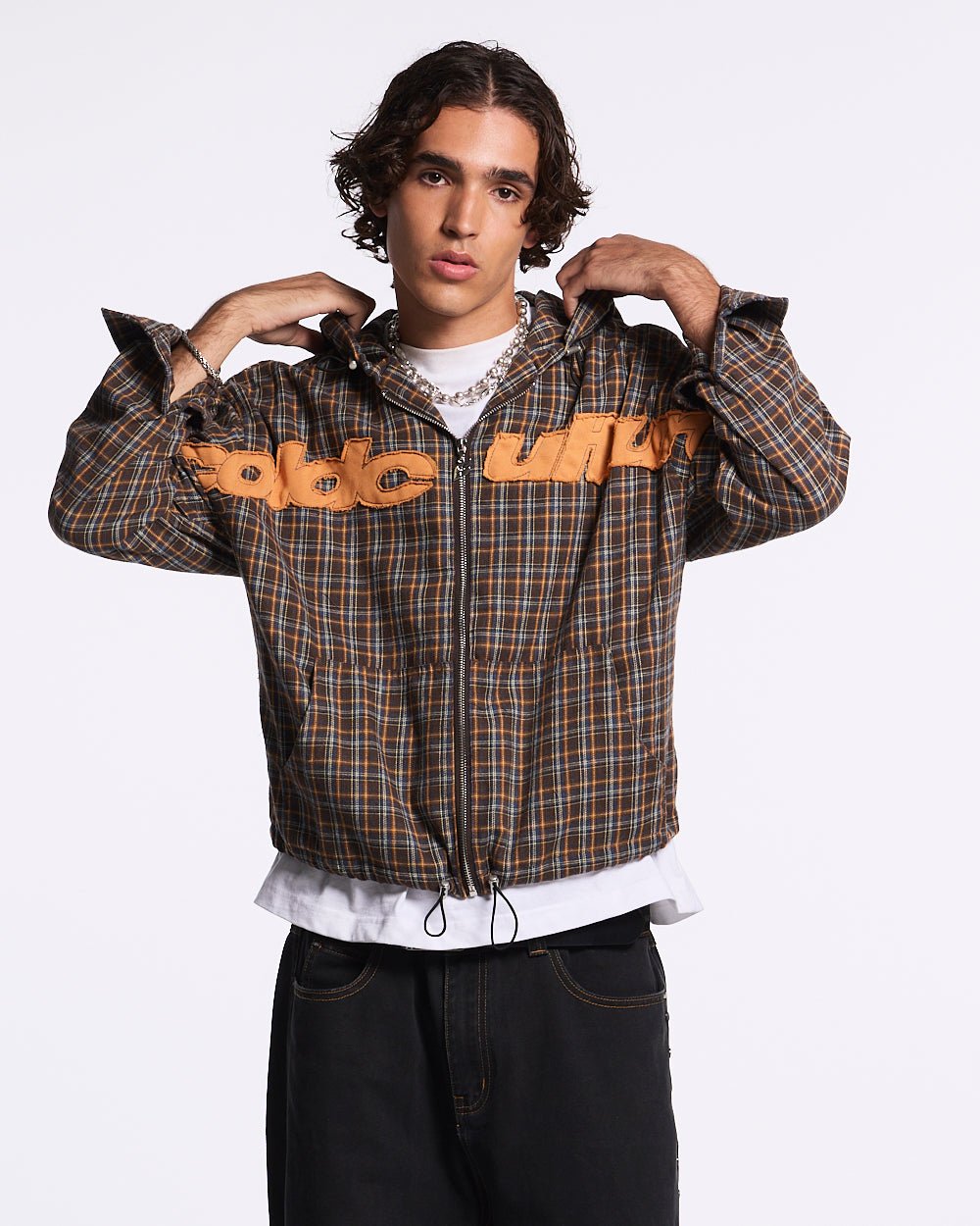MEMPHIS HOODED SHIRT ORANGE AND BLUE - brown plaid hooded jacket, front view on male model - Cold Culture #man