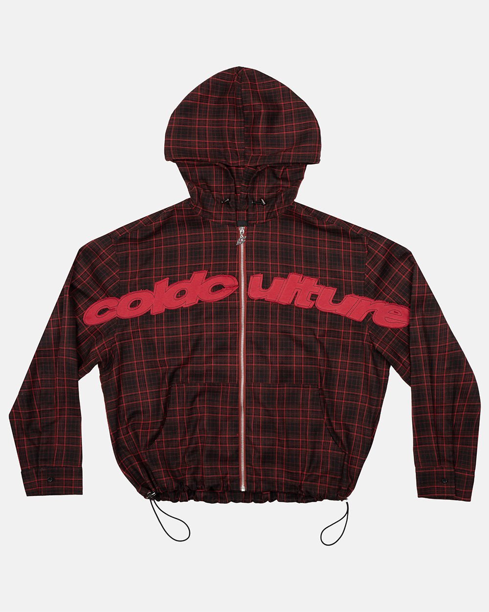 MEMPHIS HOODED SHIRT RED & BLACK TARTAN - red and black tartan jacket, front view - Cold Culture #packshot