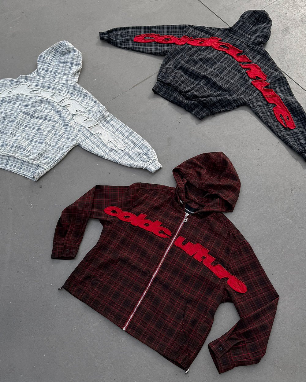 MEMPHIS HOODED SHIRT RED & BLACK TARTAN - red and black tartan jacket, flat lay with matching pieces - Cold Culture