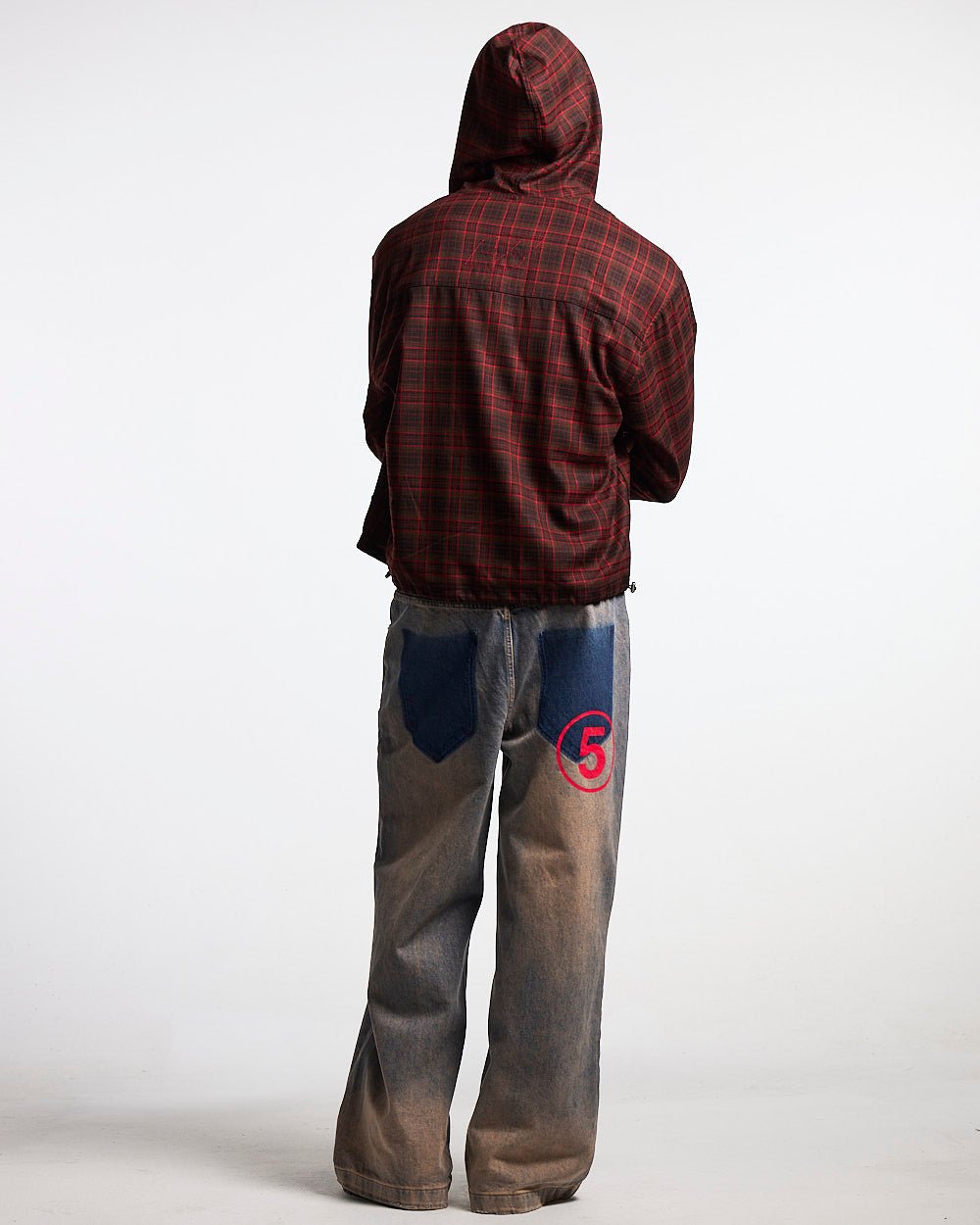 MEMPHIS HOODED SHIRT RED & BLACK TARTAN - red and black tartan jacket, back view on male model - Cold Culture