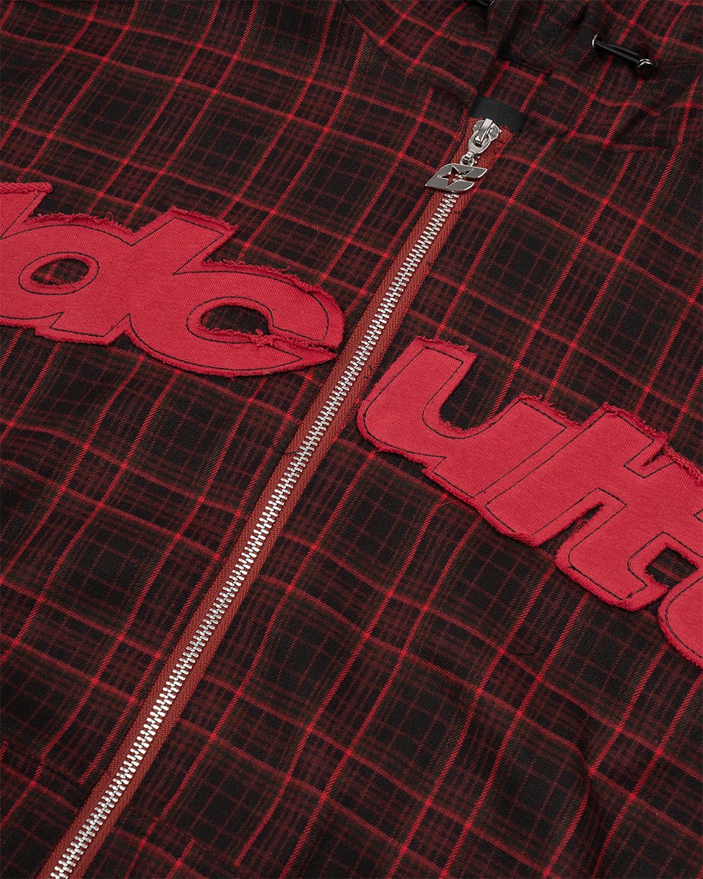 MEMPHIS HOODED SHIRT RED & BLACK TARTAN - red and black tartan jacket, detail close-up - Cold Culture