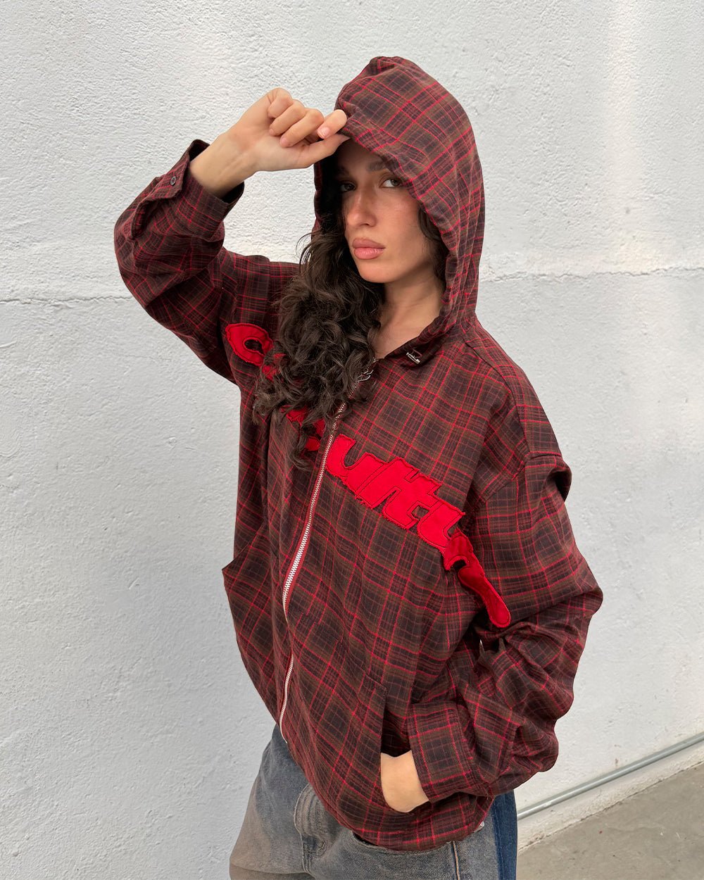 MEMPHIS HOODED SHIRT RED & BLACK TARTAN - red and black tartan jacket, street style shot - Cold Culture #woman