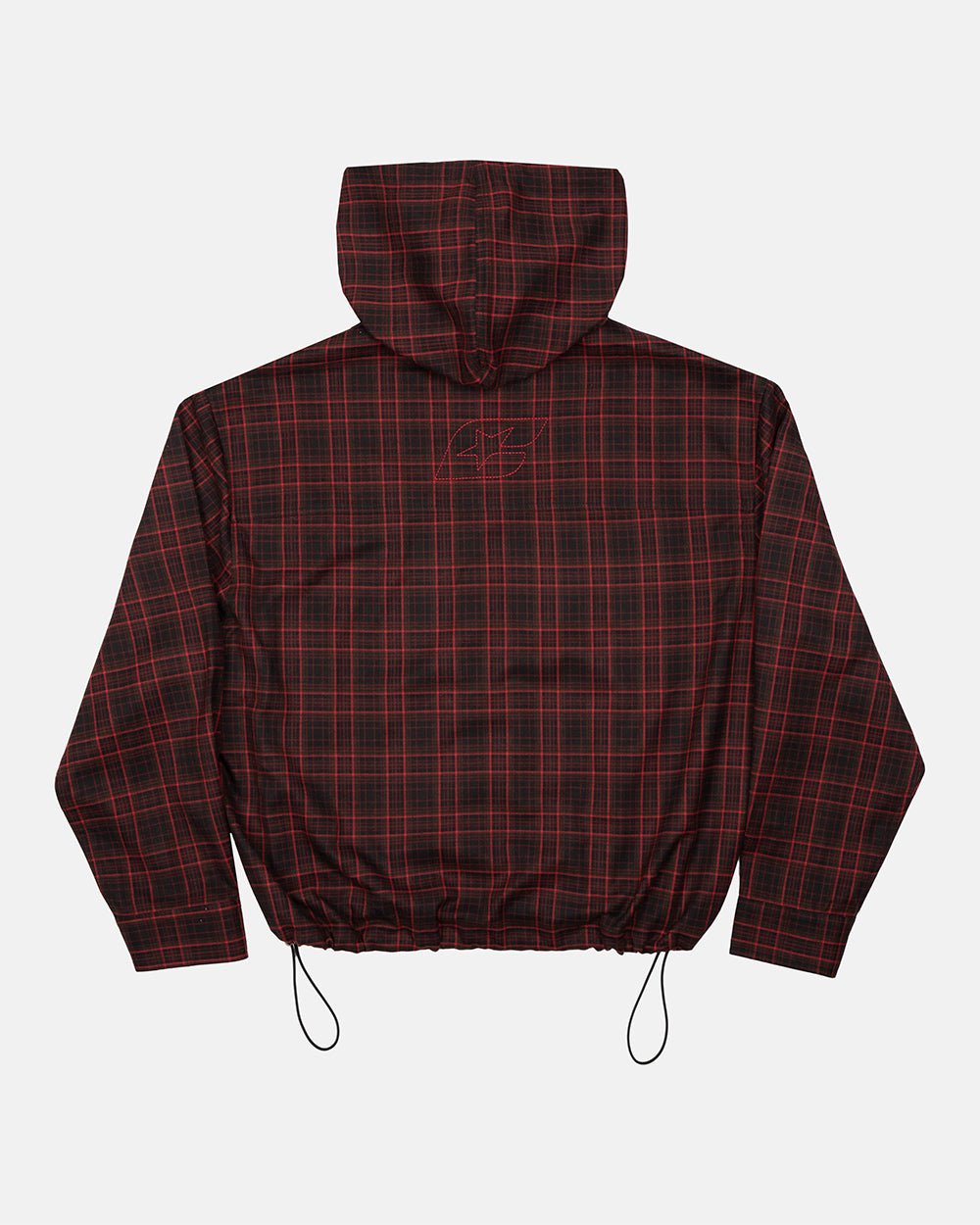 MEMPHIS HOODED SHIRT RED & BLACK TARTAN - red and black tartan jacket, back view - Cold Culture #packshot
