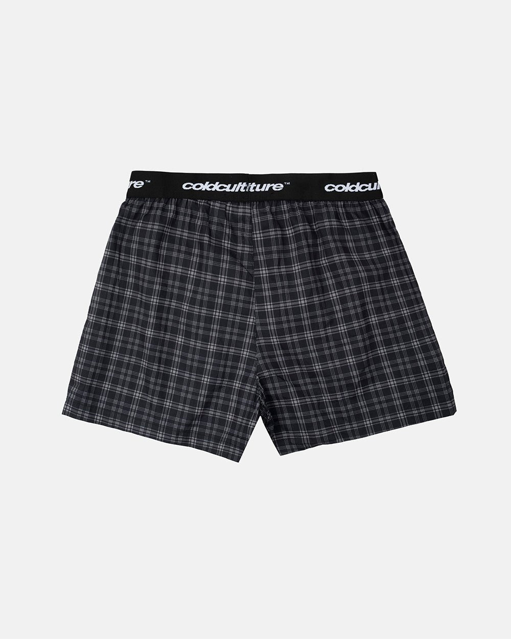 MIDNIGHT BOXERS PACK BLACK CHECKS - black and white plaid boxers, back view - Cold Culture #packshot