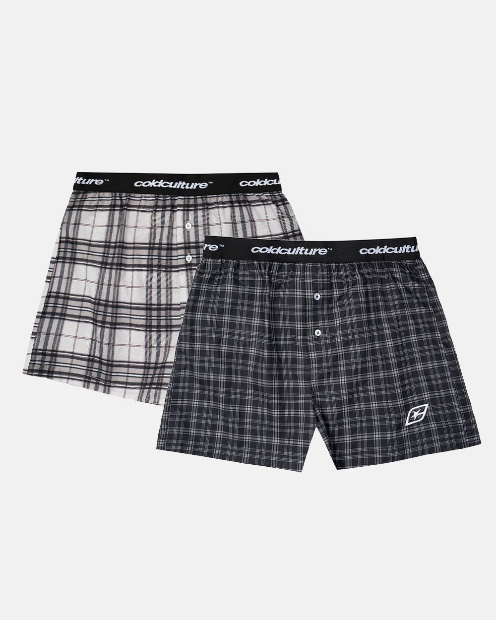 MIDNIGHT BOXERS PACK BLACK CHECKS - black and white plaid boxers, flat lay - Cold Culture #packshot