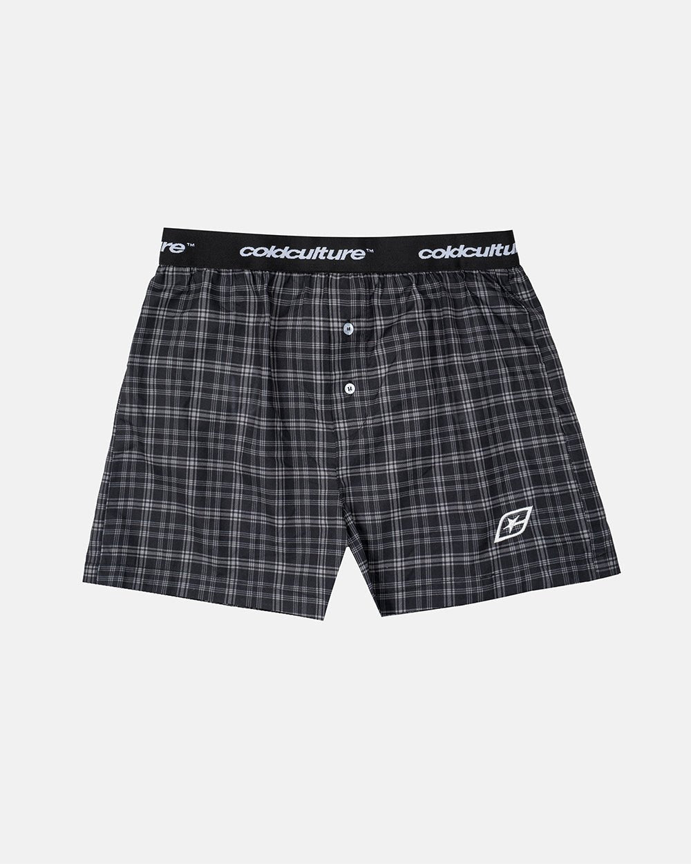 MIDNIGHT BOXERS PACK BLACK CHECKS - black and white plaid boxers, front view - Cold Culture #packshot
