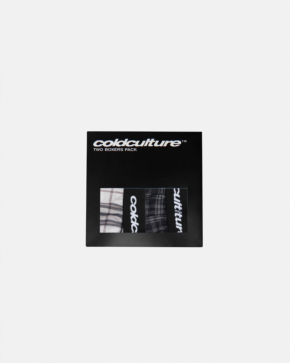MIDNIGHT BOXERS PACK BLACK CHECKS - black and white plaid boxers, front view - Cold Culture #packshot