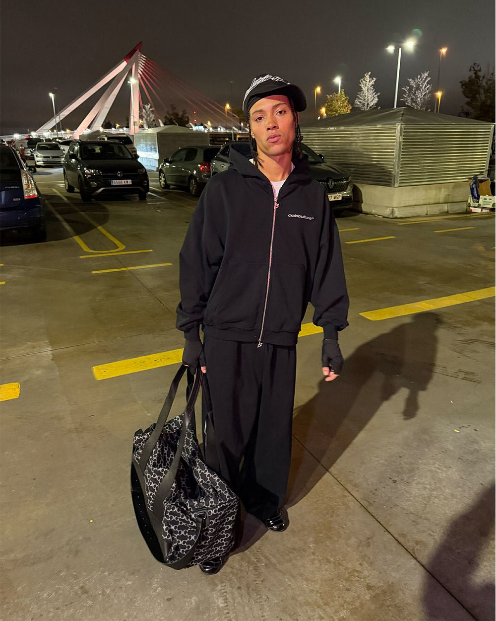 MIDNIGHT SET SWEATPANT BLACK - black logo print sweatpants, street style shot - Cold Culture