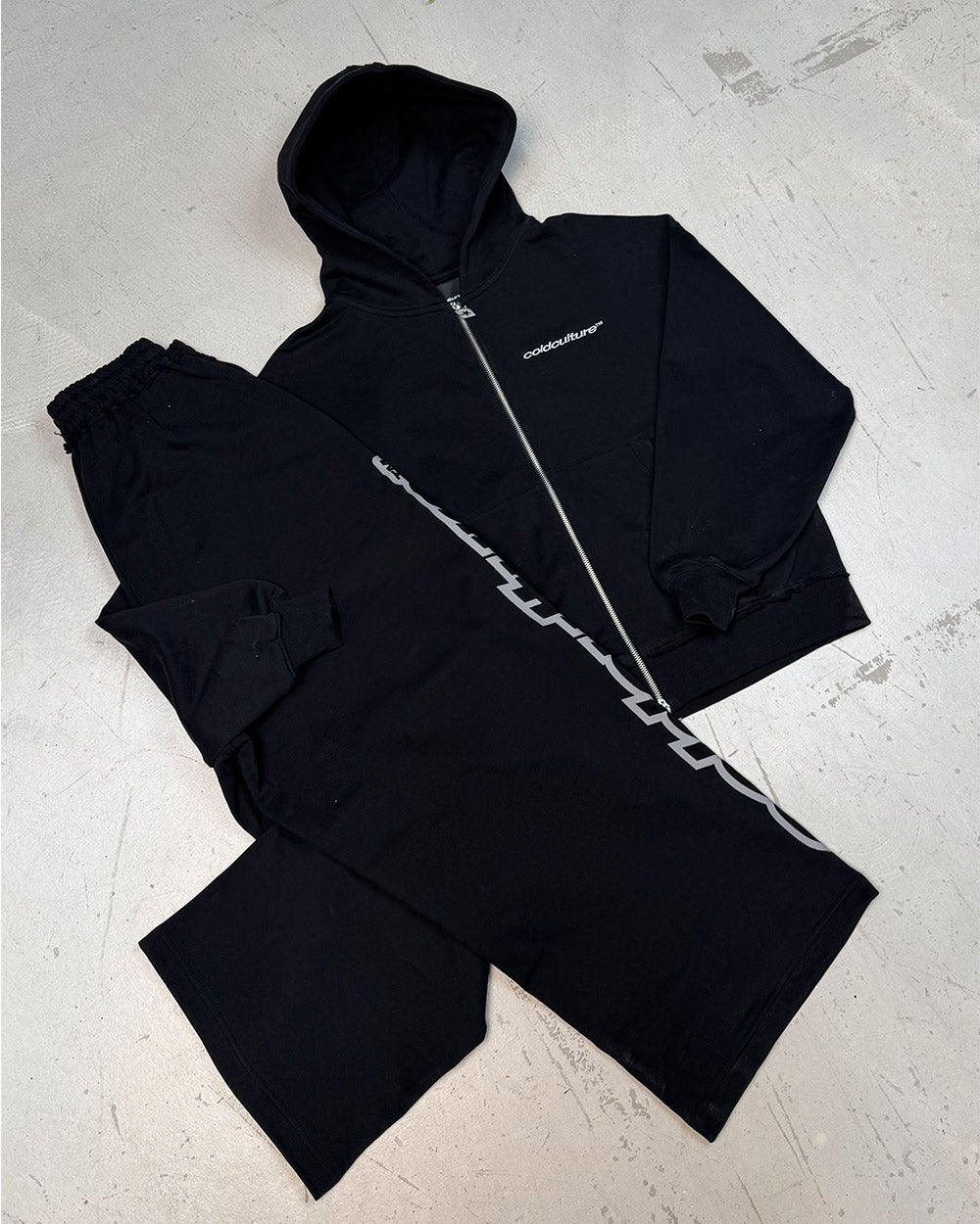 MIDNIGHT SET SWEATPANT BLACK - black logo print sweatpants, flat lay with matching pieces - Cold Culture