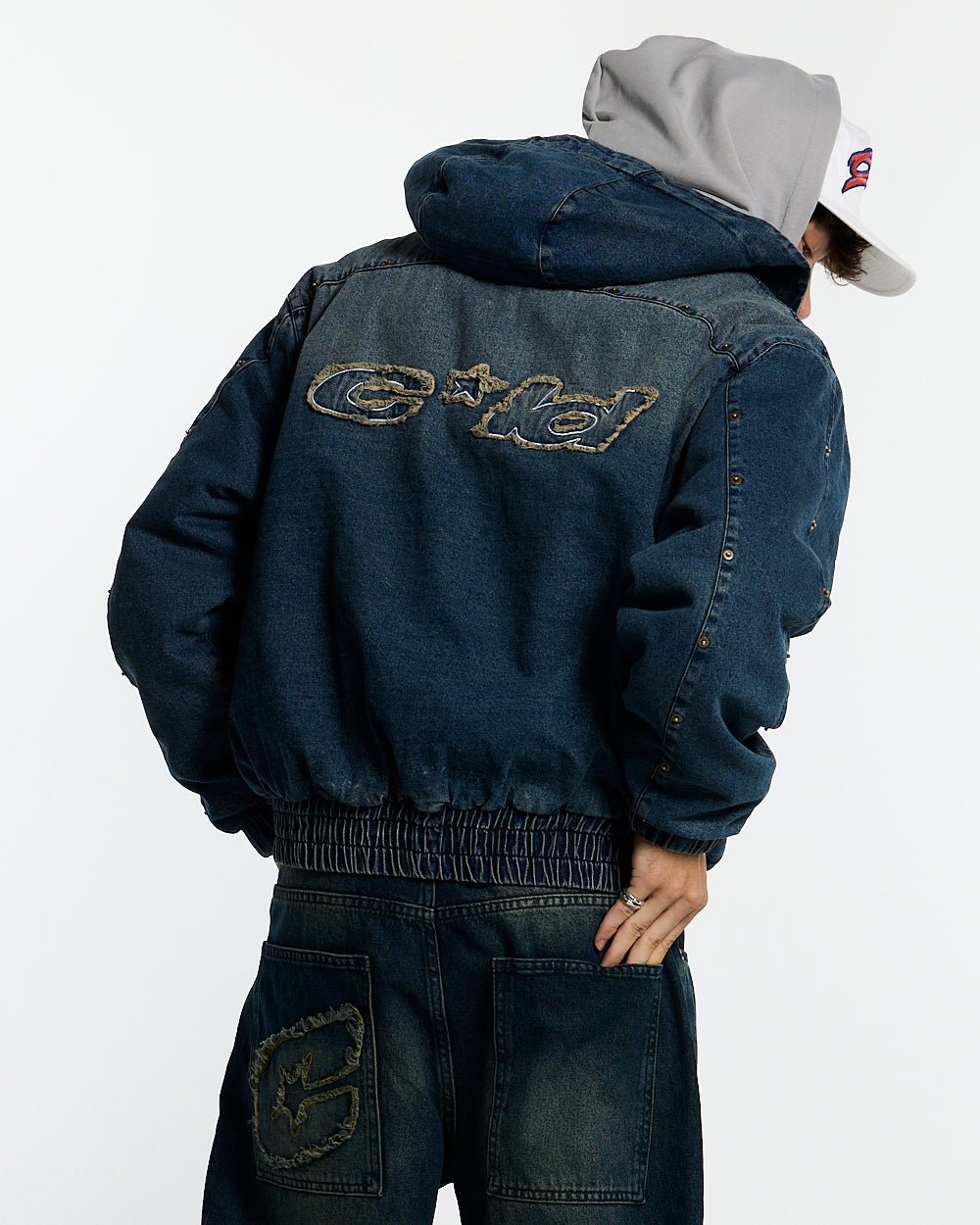 MIKE HOODED JACKET DENIM - blue denim hooded jacket, back view on male model - Cold Culture