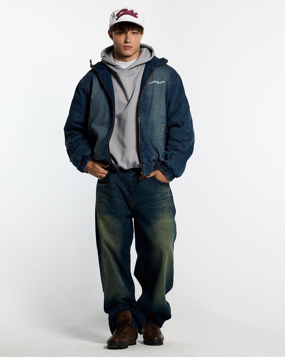 MIKE HOODED JACKET DENIM - blue denim hooded jacket, front view on male model - Cold Culture #man