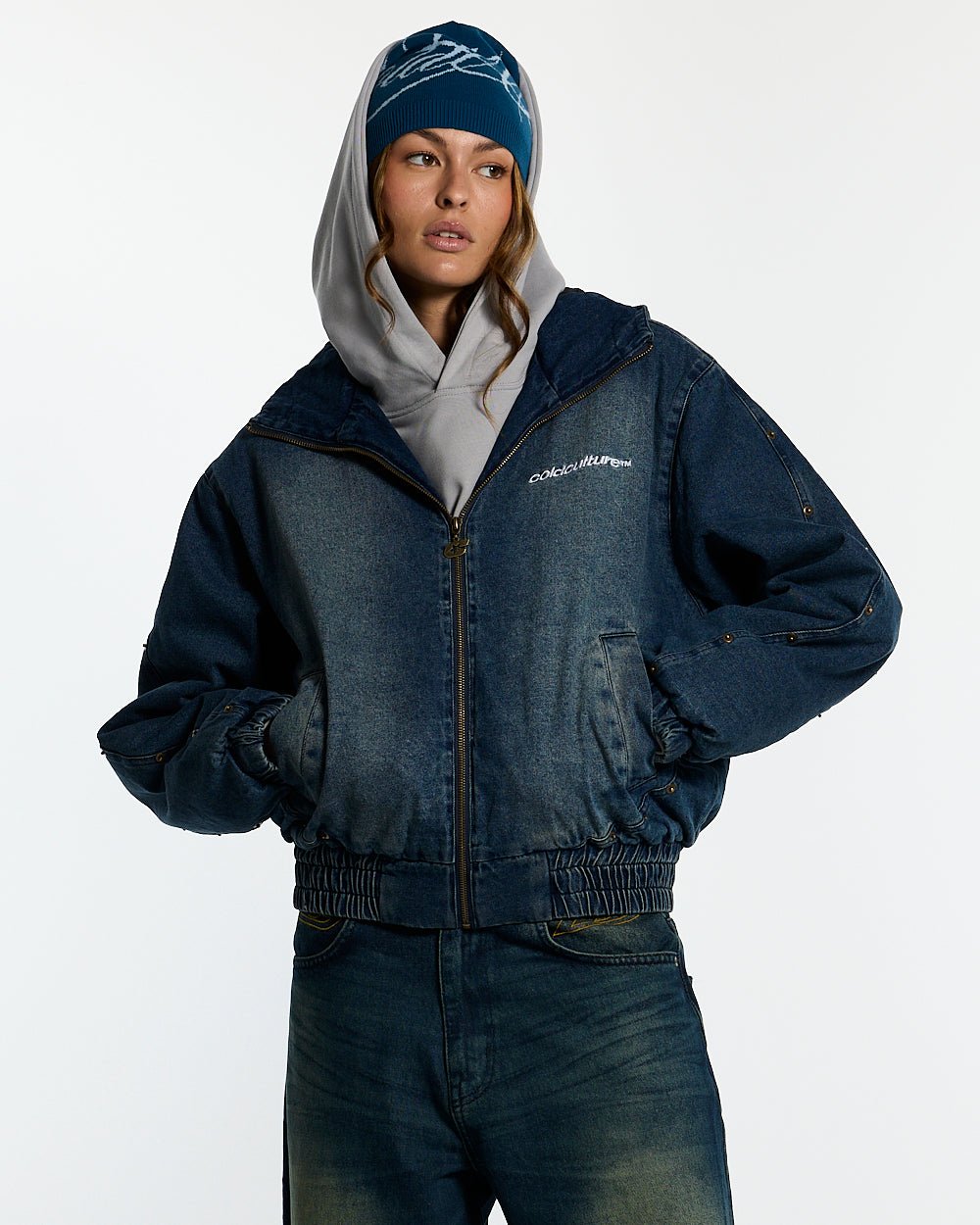 MIKE HOODED JACKET DENIM - blue denim hooded jacket, front view on female model - Cold Culture #woman