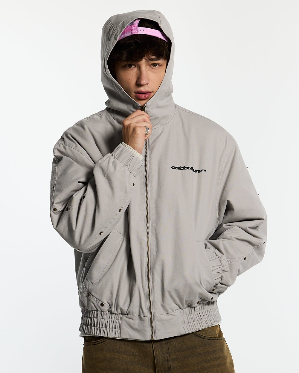 MIKE HOODED JACKET GREY - grey hooded jacket, front view on male model - Cold Culture #man